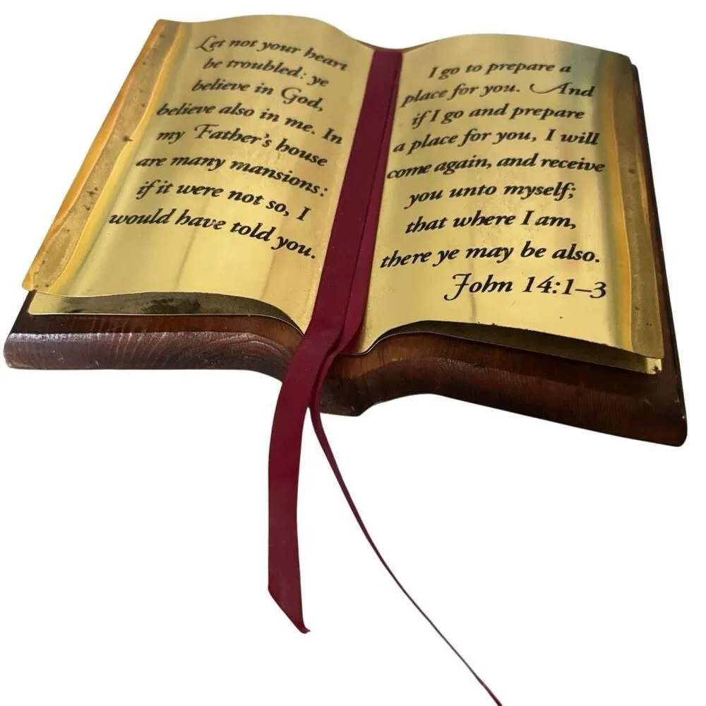 Vintage HOMCO Home Interiors John 14:1-3 Brass Bible Verse On Wooden Base